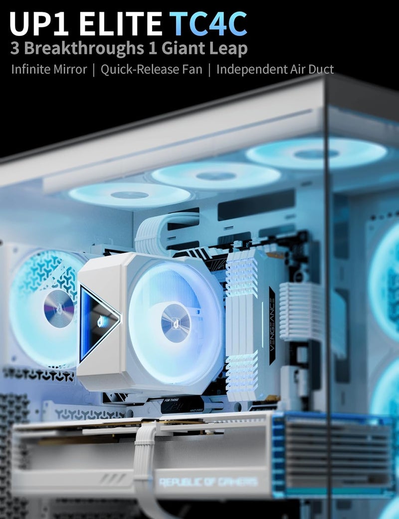 upHere up1 Elite CPU Cooler - 4 Heat Pipes,Infinity ARGB Mirror Top,Quick-Release Fans, Intel LGA1851/1700 & AMD AM5/AM4 Support,Independent Air Duct,1650RPM 68CFM Fan, White,up1 Elite TC4C - Image 2